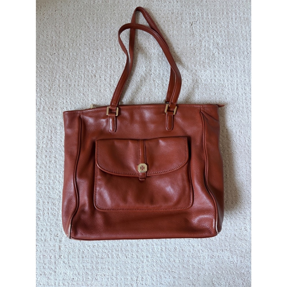 Tory Burch Tote Bag Large Cognac Brown Pebbled Leather Office Siren Quiet Luxury